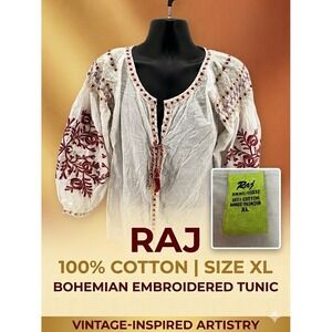 RAJ Imports White Embroidered Boho Tunic Blouse XL 100% Cotton India Peasant Top